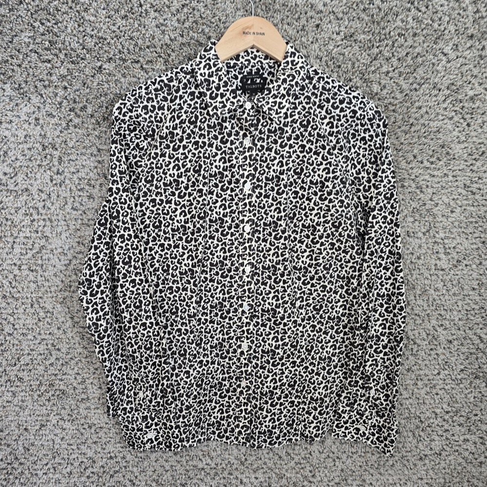 Talbots Top Womens 10 Black Button Up Animal Print Wrinkle Resistant Ladies